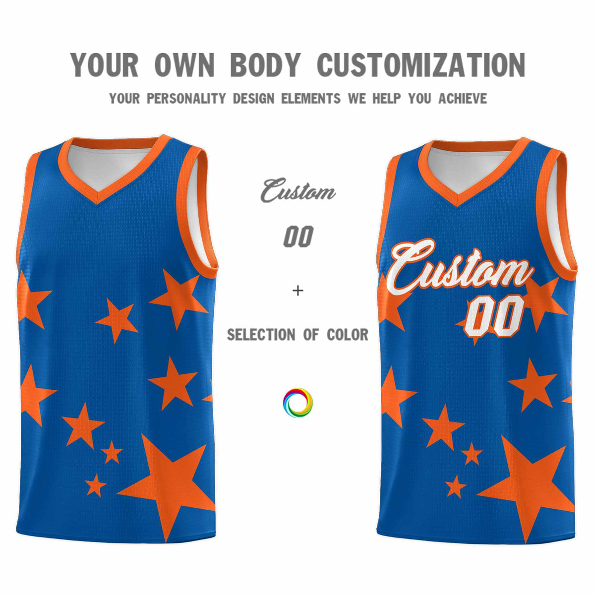Custom Royal Orange Graffiti Pattern Star Print Basketball Jersey Sets