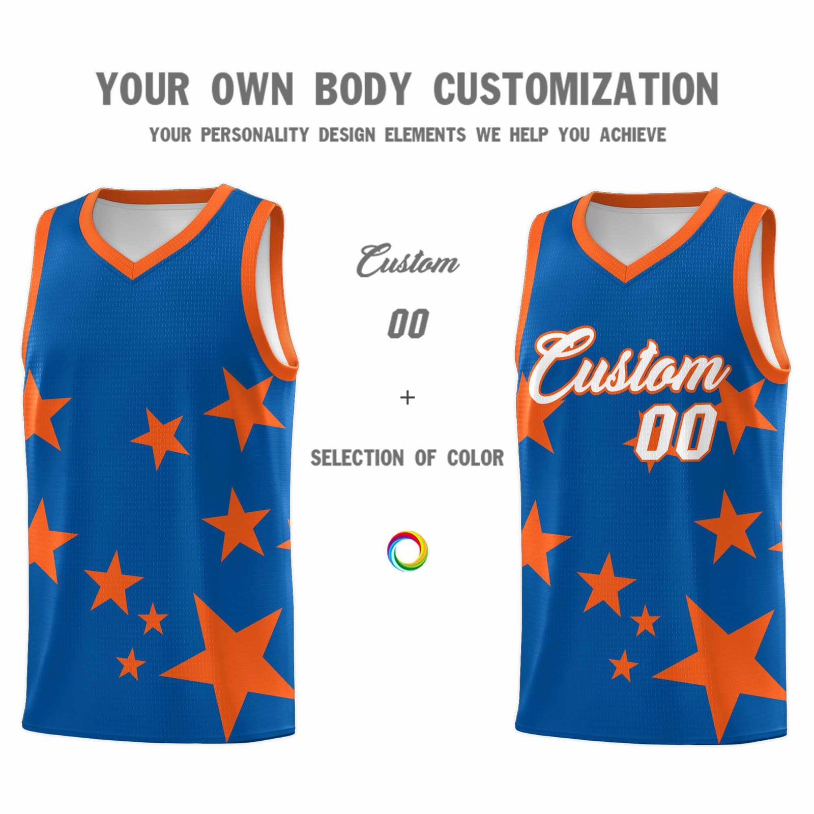 Custom Royal Orange Graffiti Pattern Star Print Basketball Jersey Sets