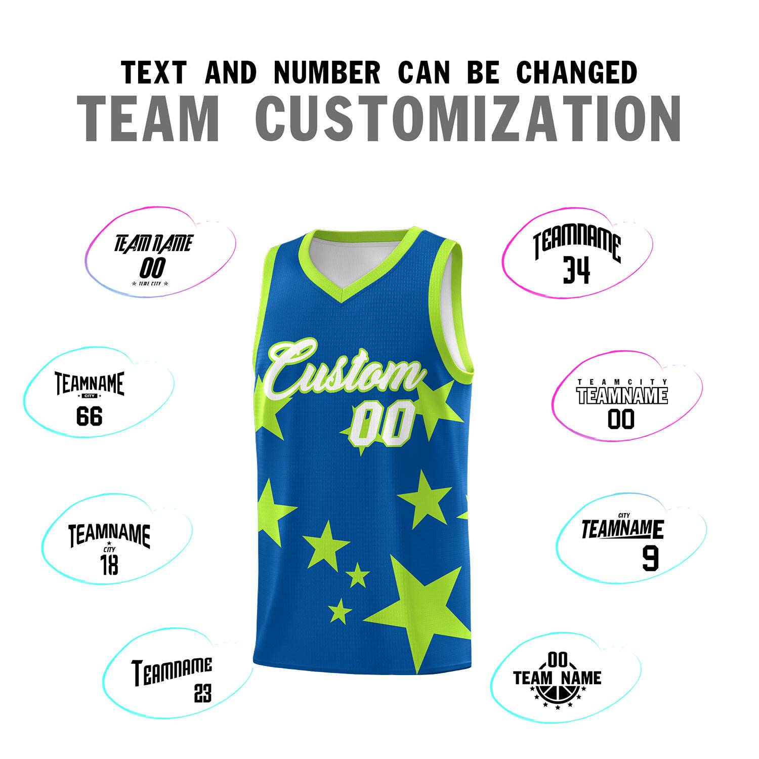 Custom Royal Light Green Graffiti Pattern Star Print Basketball Jersey Sets
