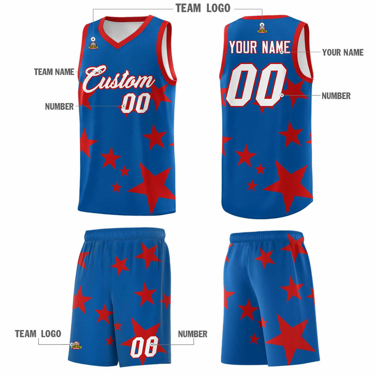 Custom Royal Red Graffiti Pattern Star Print Basketball Jersey Sets