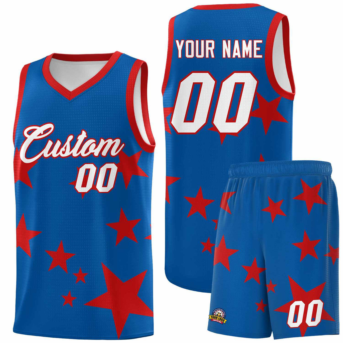 Custom Royal Red Graffiti Pattern Star Print Basketball Jersey Sets