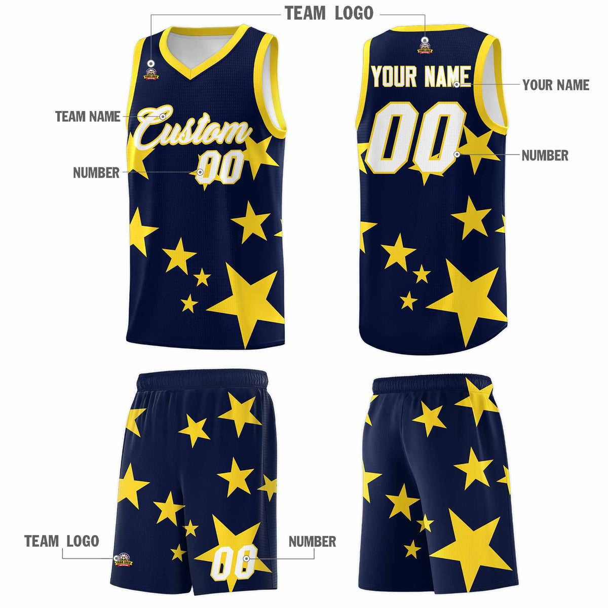 Custom Navy Gold Graffiti Pattern Star Print Basketball Jersey Sets