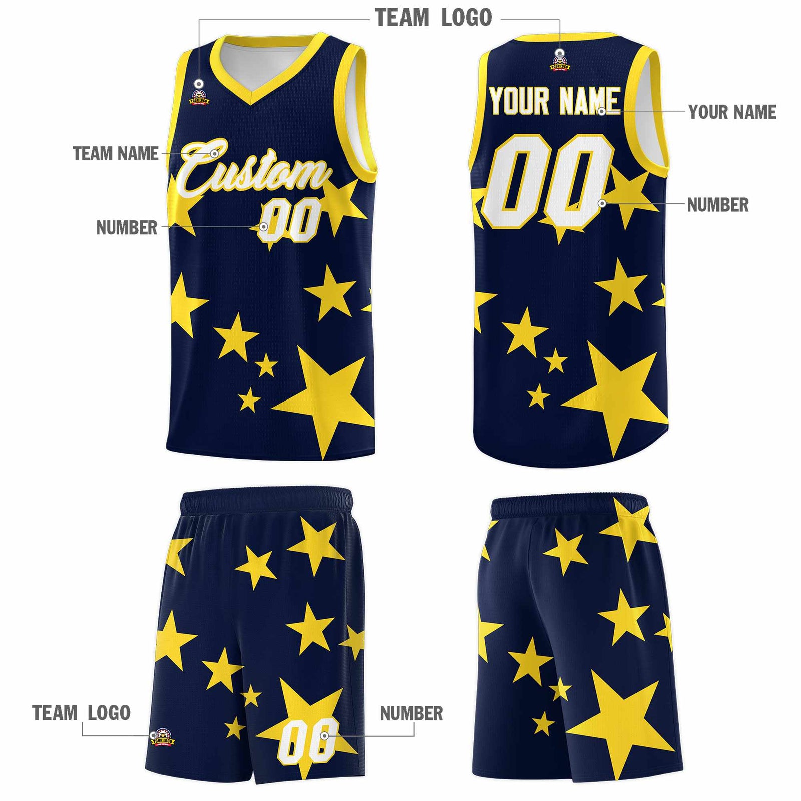 Custom Navy Gold Graffiti Pattern Star Print Basketball Jersey Sets