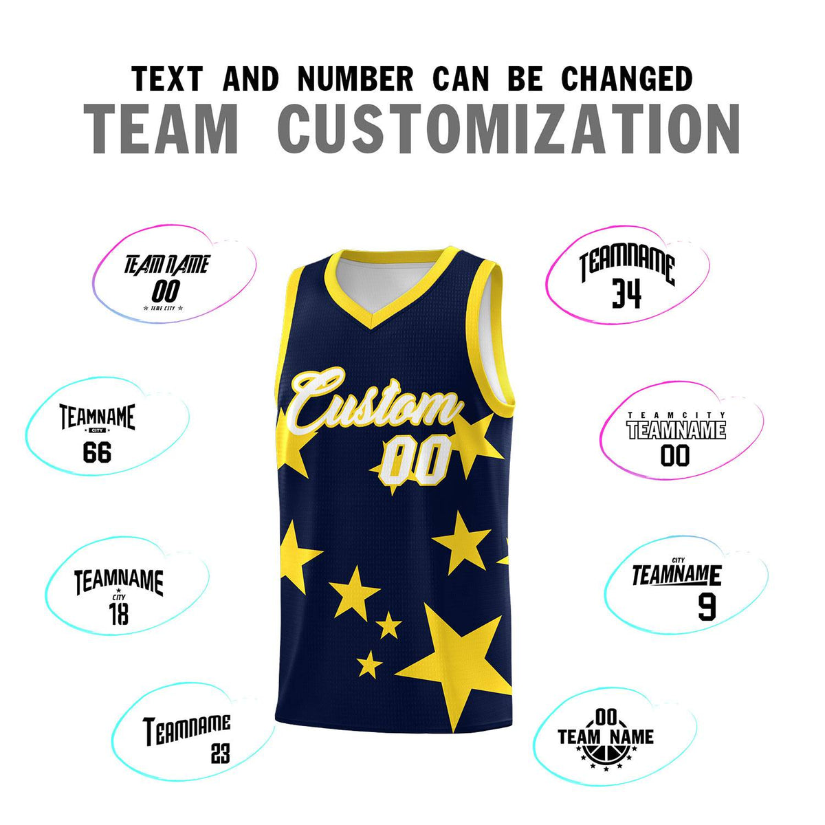 Custom Navy Gold Graffiti Pattern Star Print Basketball Jersey Sets