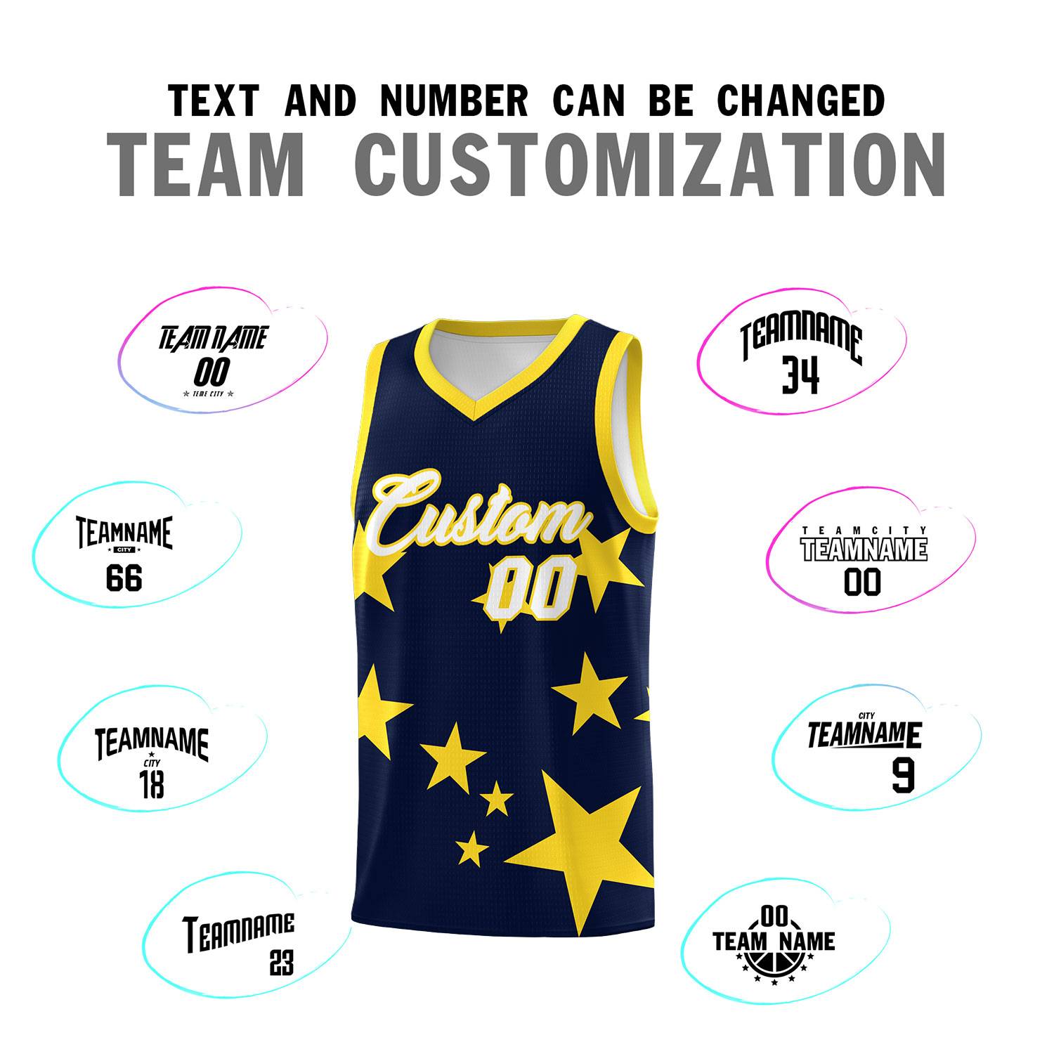 Custom Navy Gold Graffiti Pattern Star Print Basketball Jersey Sets