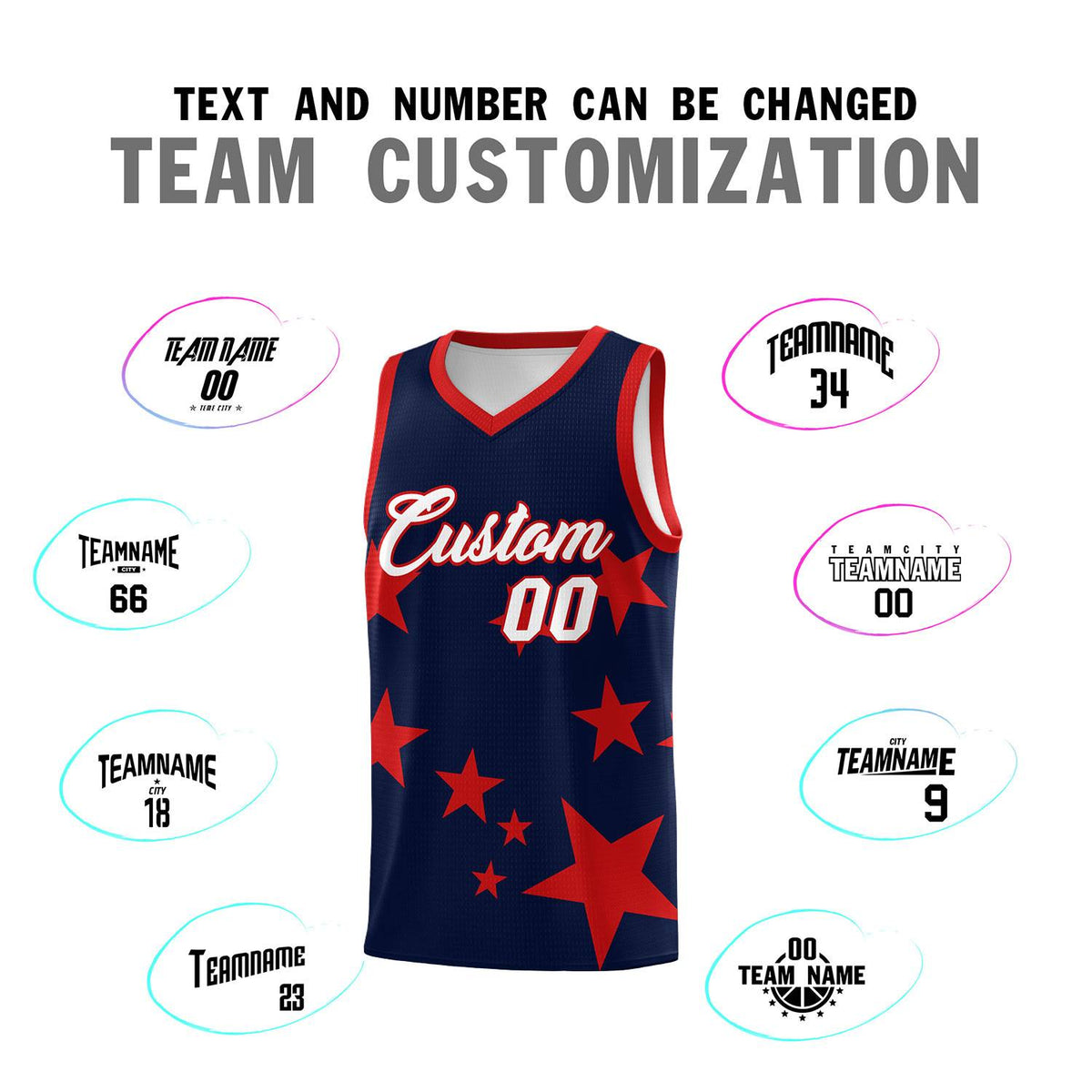 Custom Navy Red Graffiti Pattern Star Print Basketball Jersey Sets