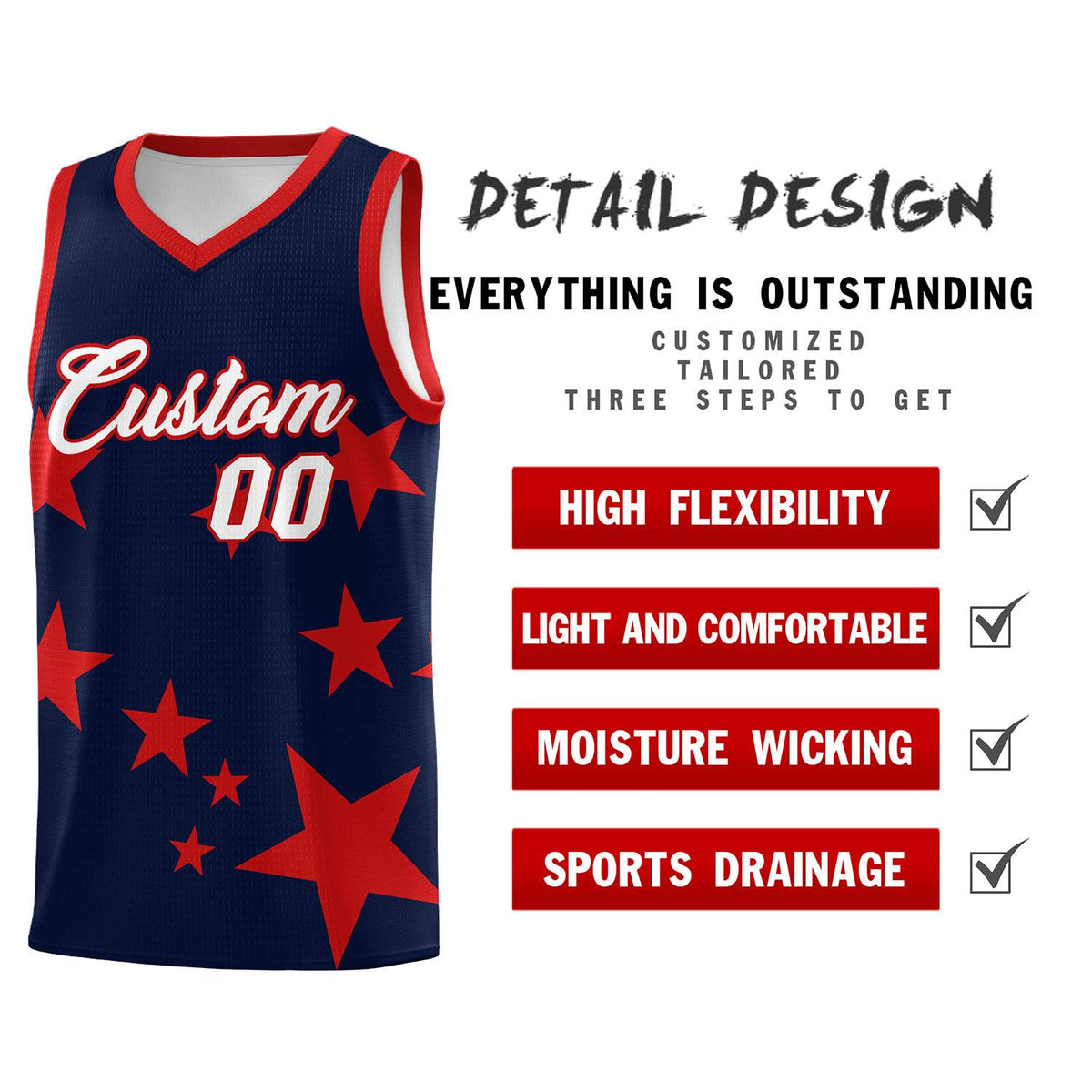 Custom Navy Red Graffiti Pattern Star Print Basketball Jersey Sets