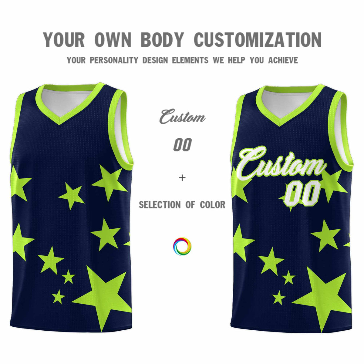Custom Navy Light Green Graffiti Pattern Star Print Basketball Jersey Sets