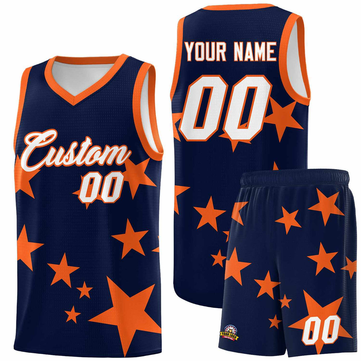 Custom Navy Orange Graffiti Pattern Star Print Basketball Jersey Sets