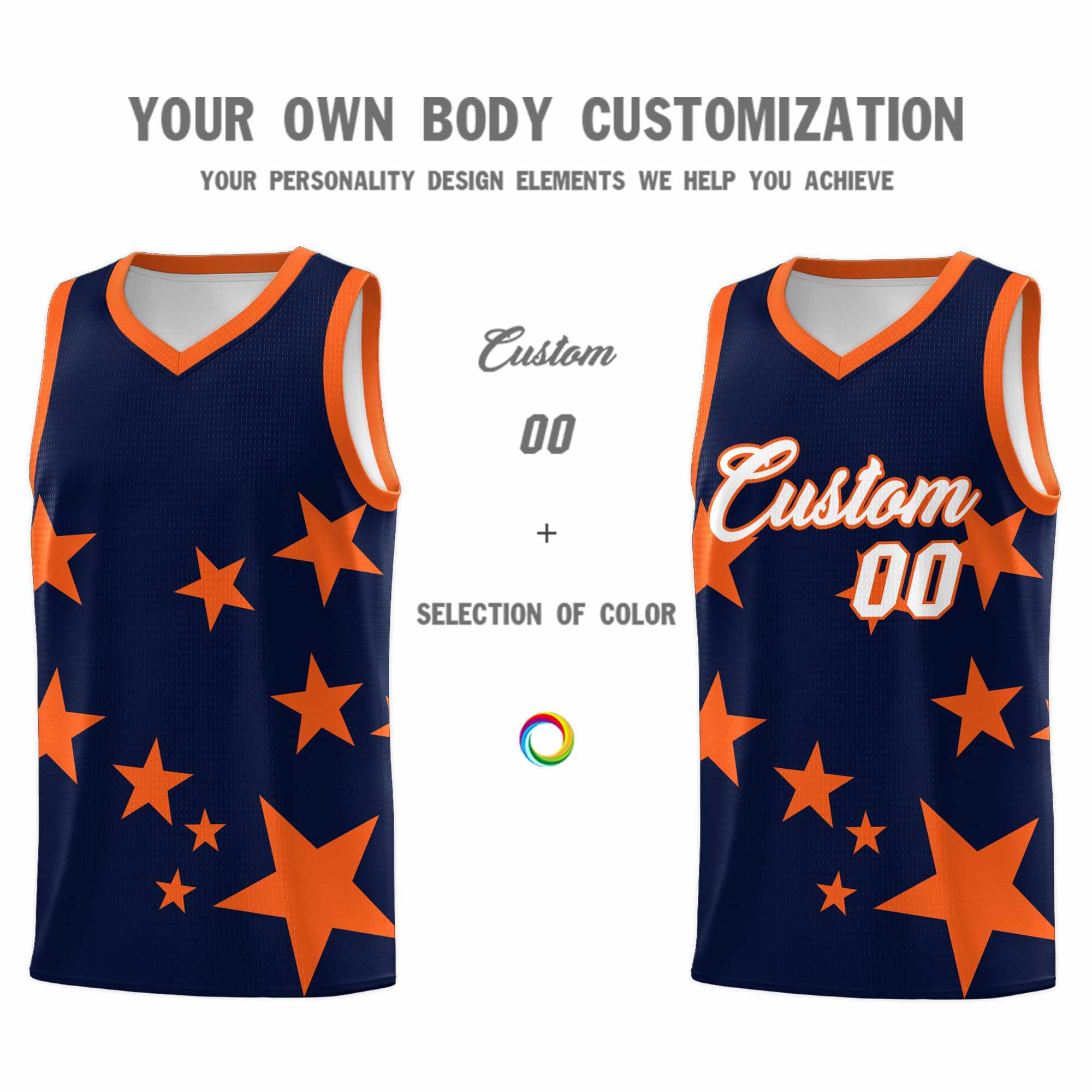 Custom Navy Orange Graffiti Pattern Star Print Basketball Jersey Sets