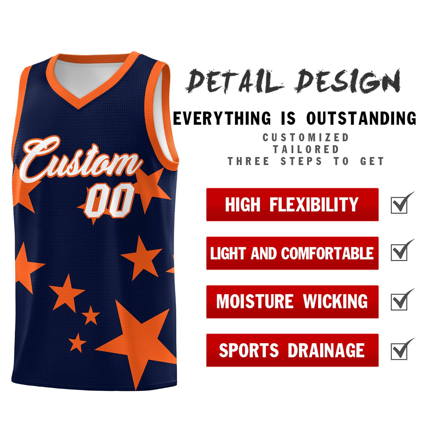 Custom Navy Orange Graffiti Pattern Star Print Basketball Jersey Sets