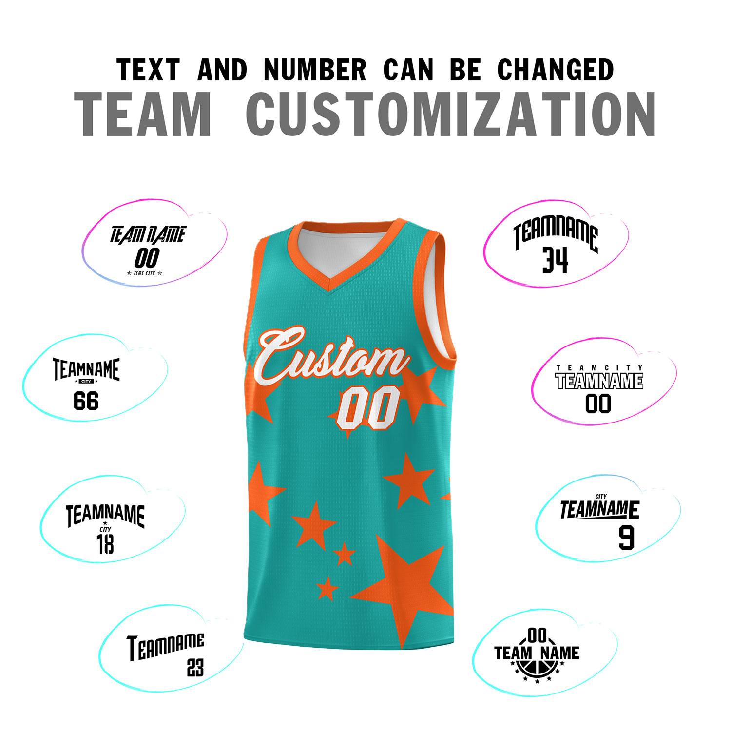 Custom Aqua Orange Graffiti Pattern Star Print Basketball Jersey Sets