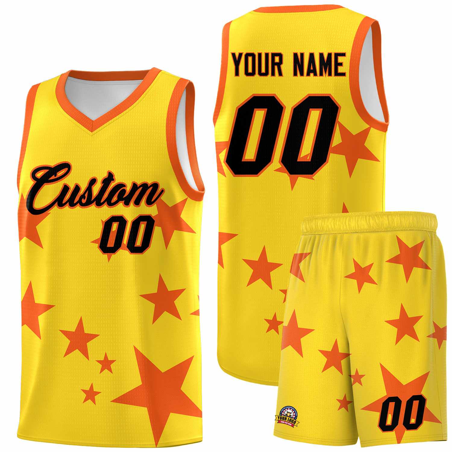 Custom Gold Orange Graffiti Pattern Star Print Basketball Jersey Sets