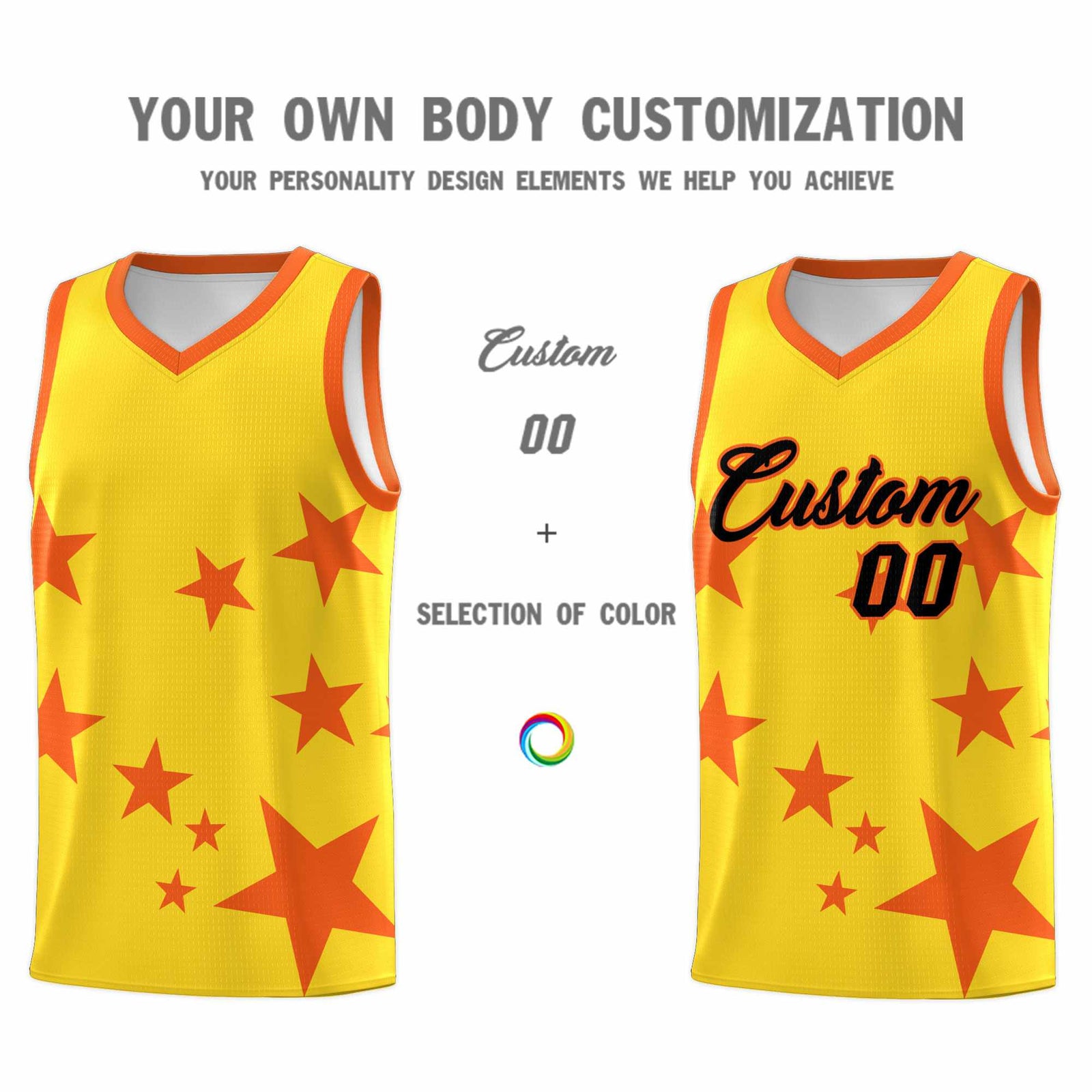 Custom Gold Orange Graffiti Pattern Star Print Basketball Jersey Sets
