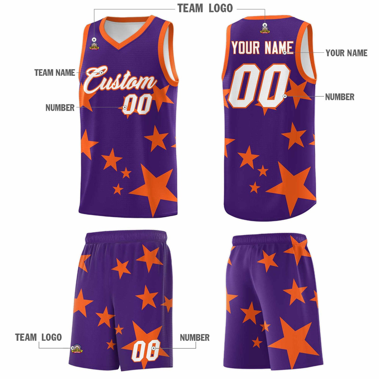 Custom Purple Orange Graffiti Pattern Star Print Basketball Jersey Sets