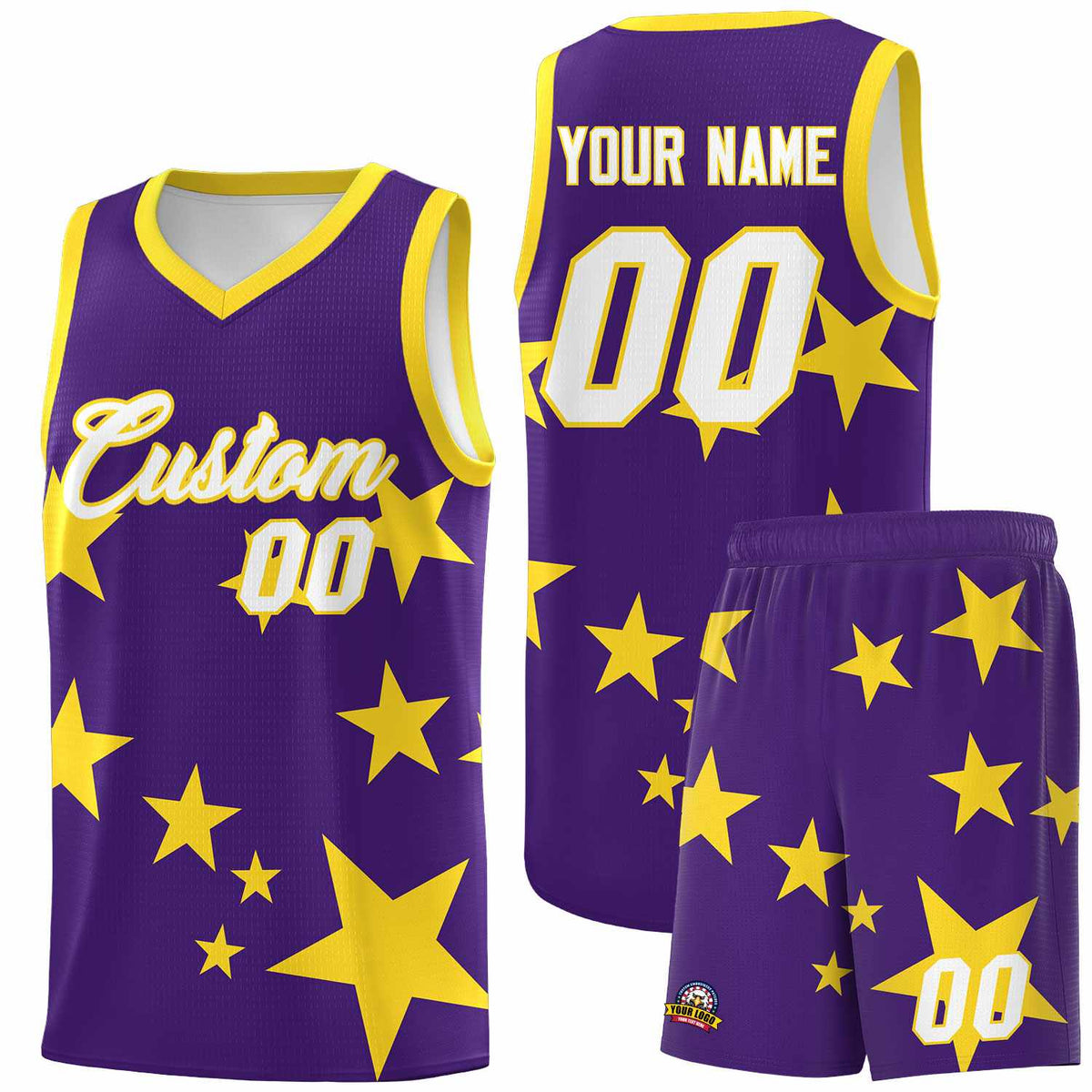 Custom Purple Gold Graffiti Pattern Star Print Basketball Jersey Sets