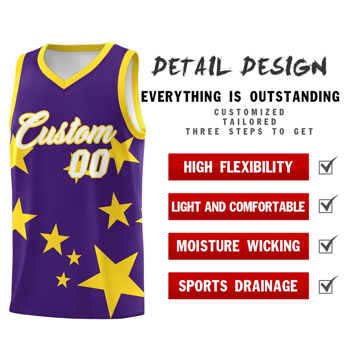 Custom Purple Gold Graffiti Pattern Star Print Basketball Jersey Sets
