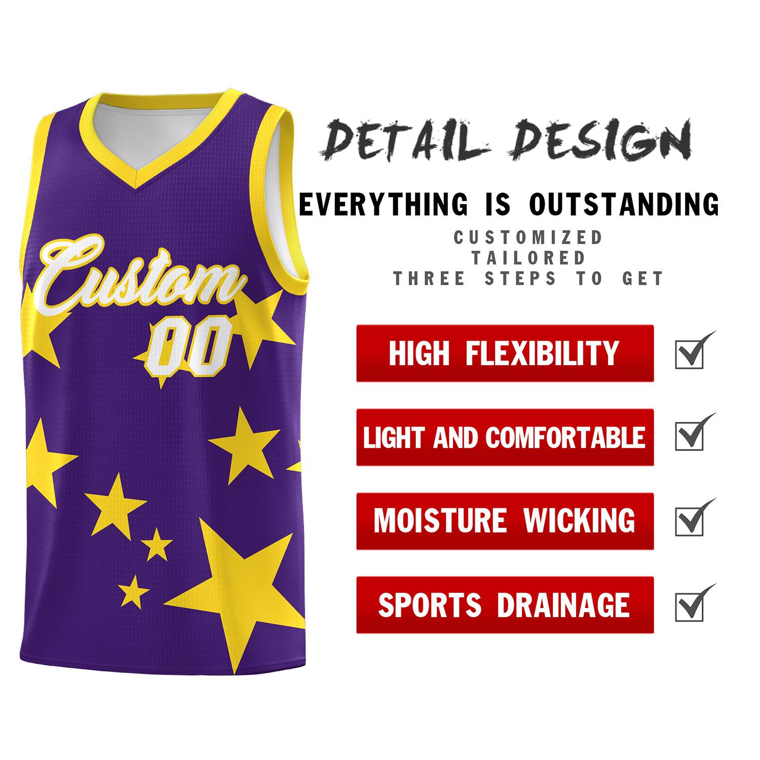 Custom Purple Gold Graffiti Pattern Star Print Basketball Jersey Sets