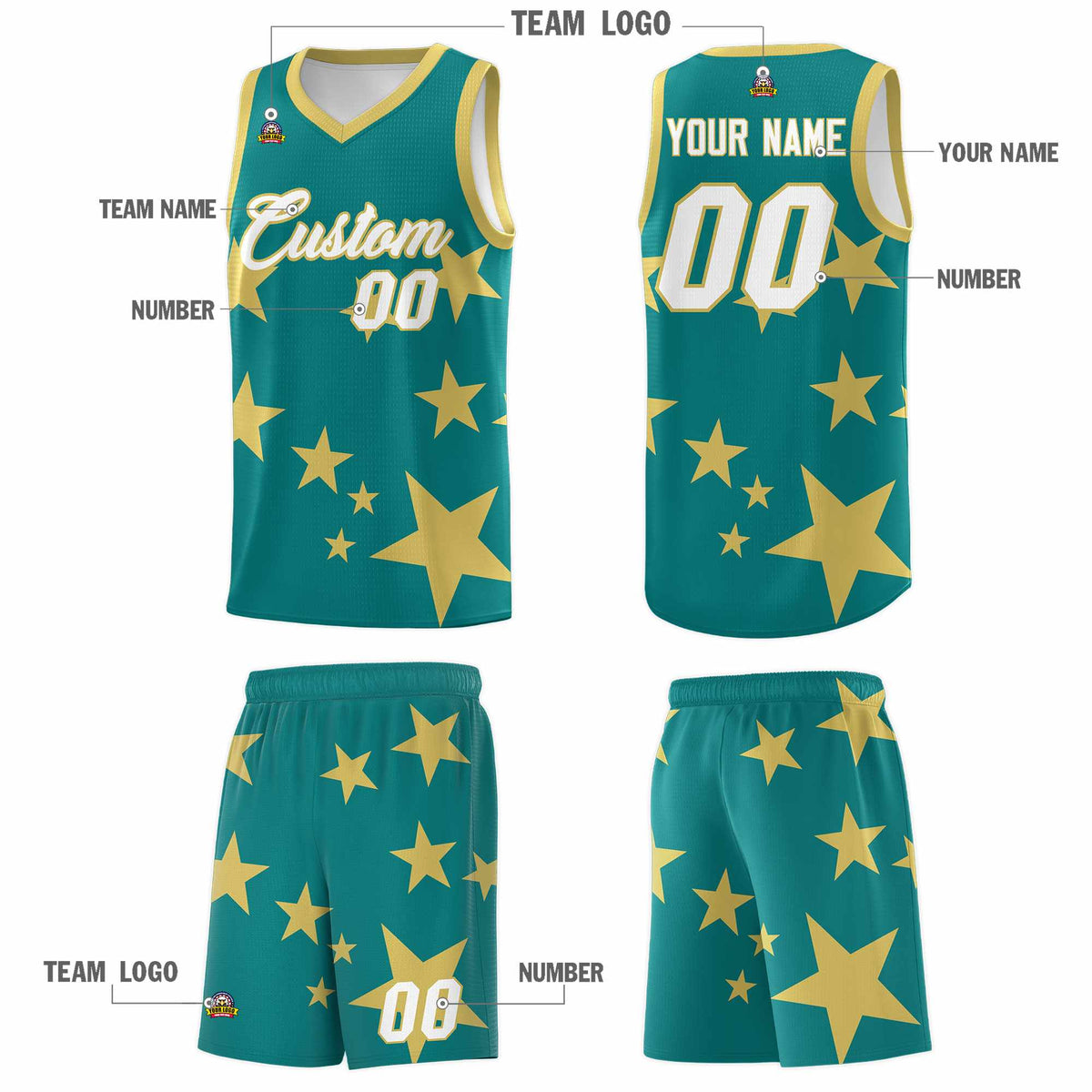 Custom Aqua Old Gold Graffiti Pattern Star Print Basketball Jersey Sets