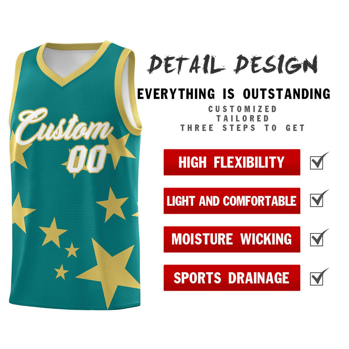 Custom Aqua Old Gold Graffiti Pattern Star Print Basketball Jersey Sets
