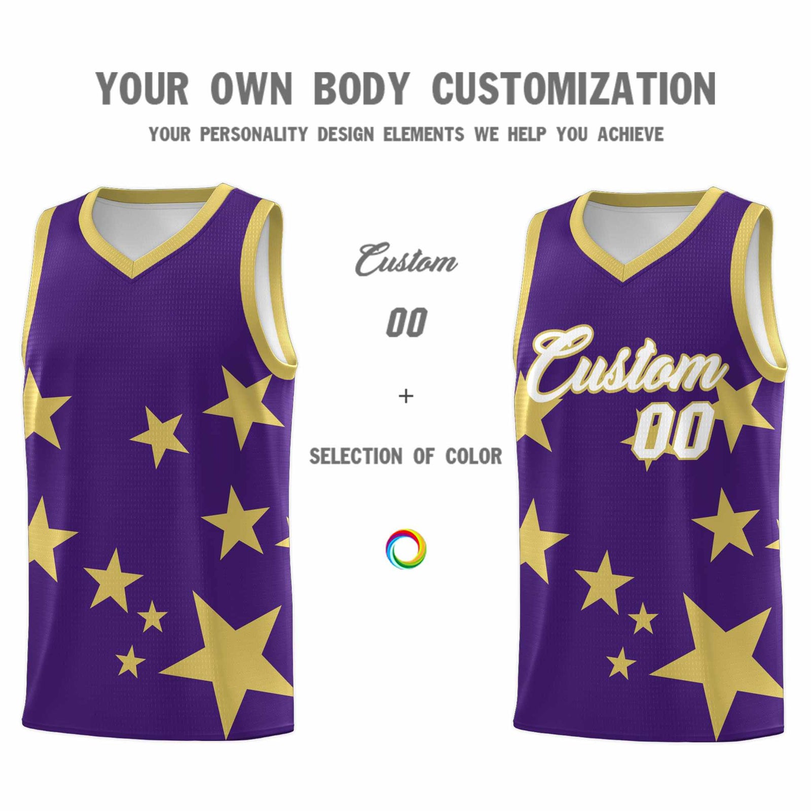 Custom Purple Old Gold Graffiti Pattern Star Print Basketball Jersey Sets