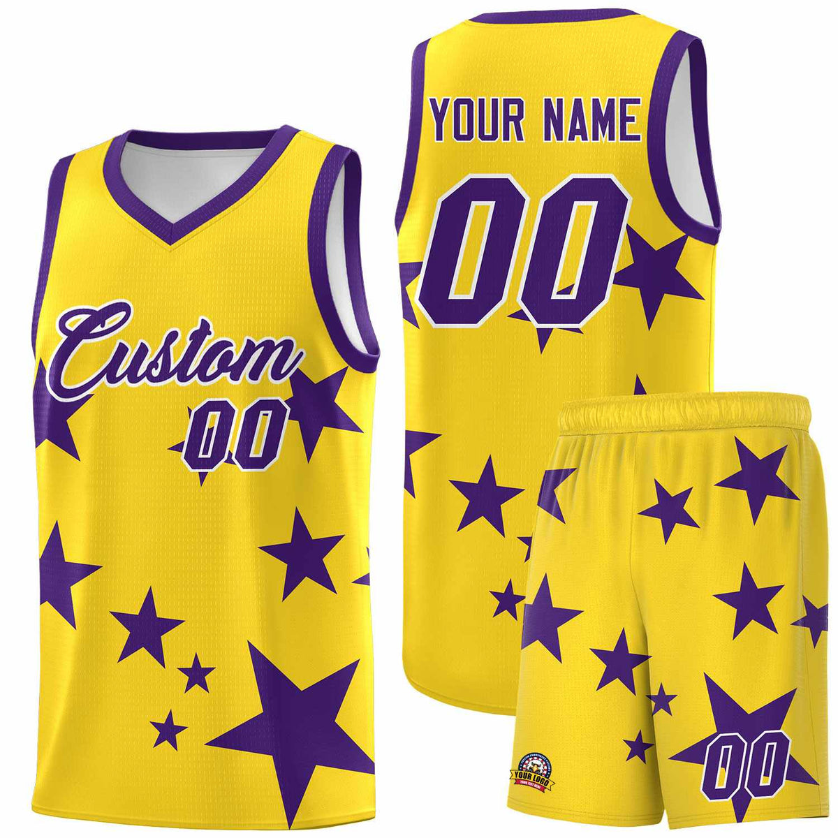 Custom Gold Purple Graffiti Pattern Star Print Basketball Jersey Sets