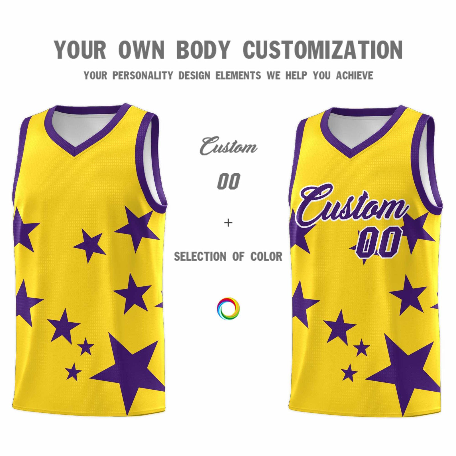 Custom Gold Purple Graffiti Pattern Star Print Basketball Jersey Sets