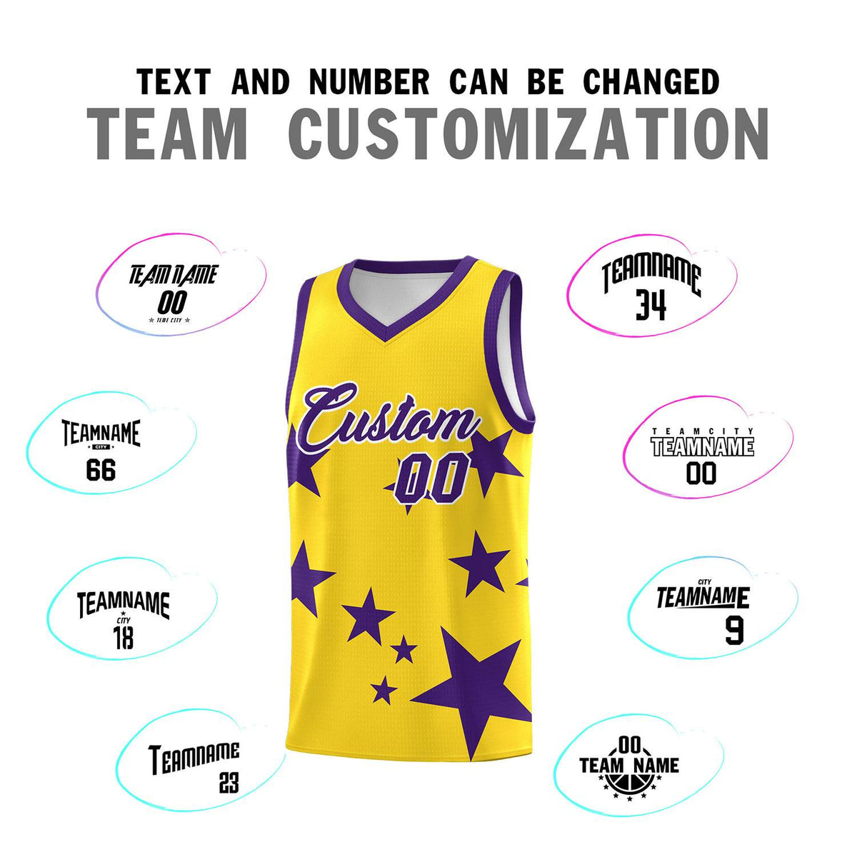 Custom Gold Purple Graffiti Pattern Star Print Basketball Jersey Sets