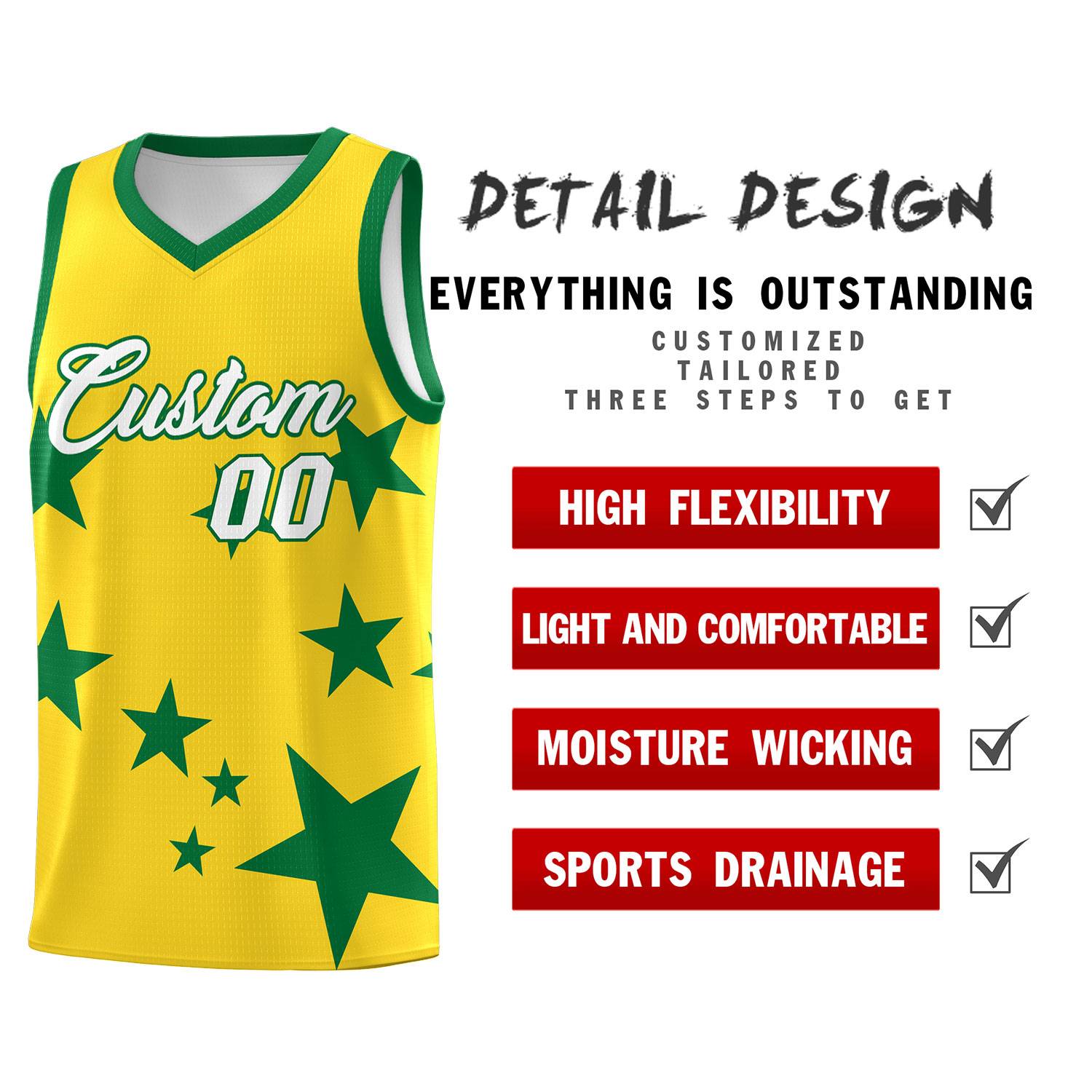 Custom Gold Kelly Green Graffiti Pattern Star Print Basketball Jersey Sets