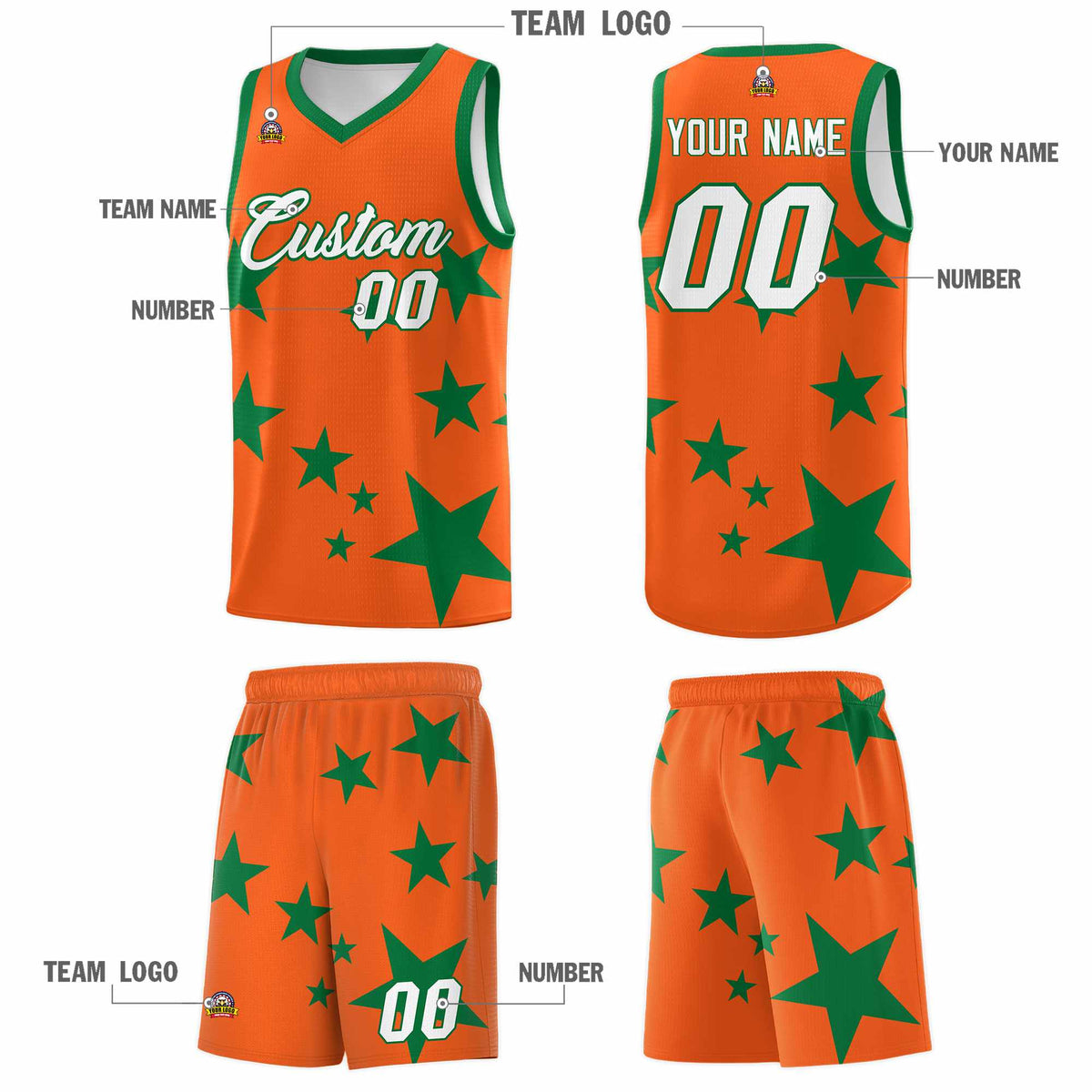 Custom Orange Kelly Green Graffiti Pattern Star Print Basketball Jersey Sets