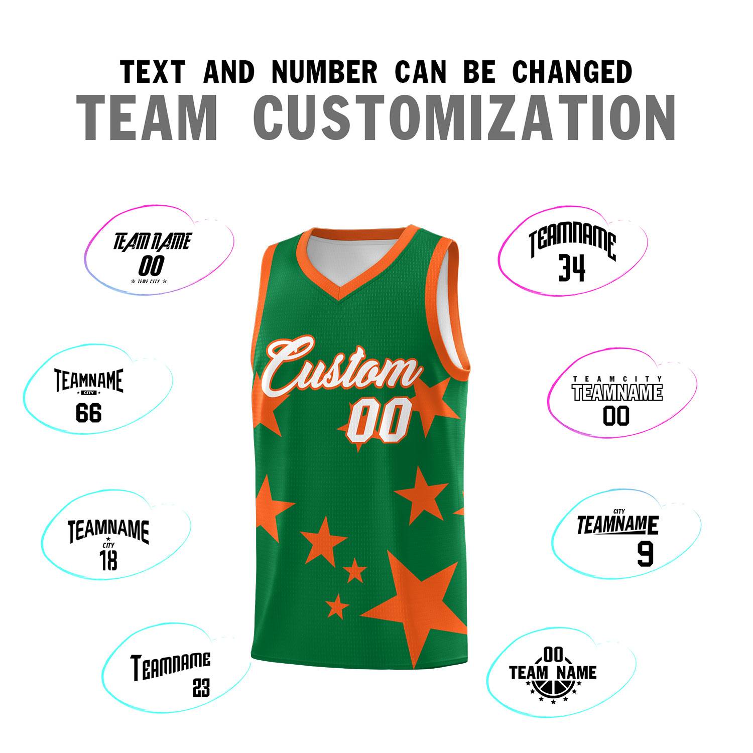 Custom Kelly Green Orange Graffiti Pattern Star Print Basketball Jersey Sets