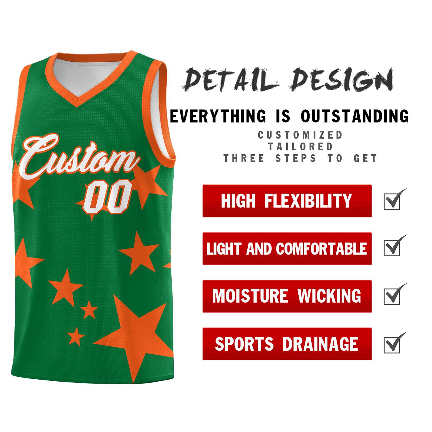 Custom Kelly Green Orange Graffiti Pattern Star Print Basketball Jersey Sets