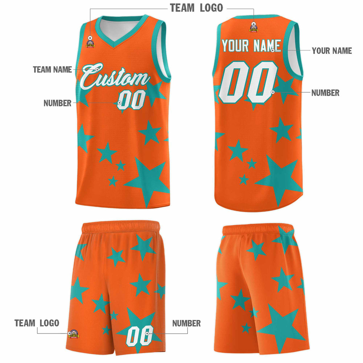 Custom Orange Aqua Graffiti Pattern Star Print Basketball Jersey Sets