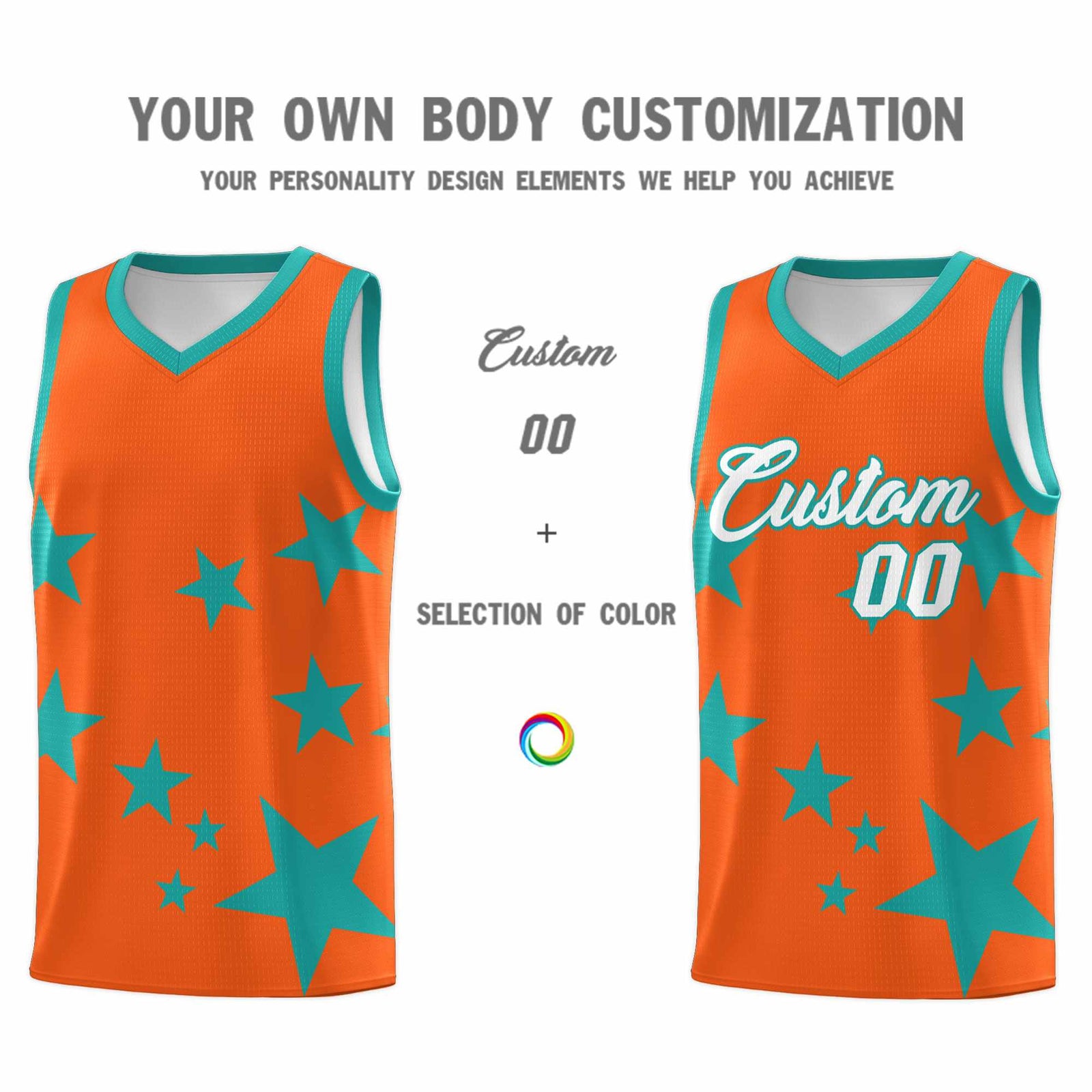 Custom Orange Aqua Graffiti Pattern Star Print Basketball Jersey Sets