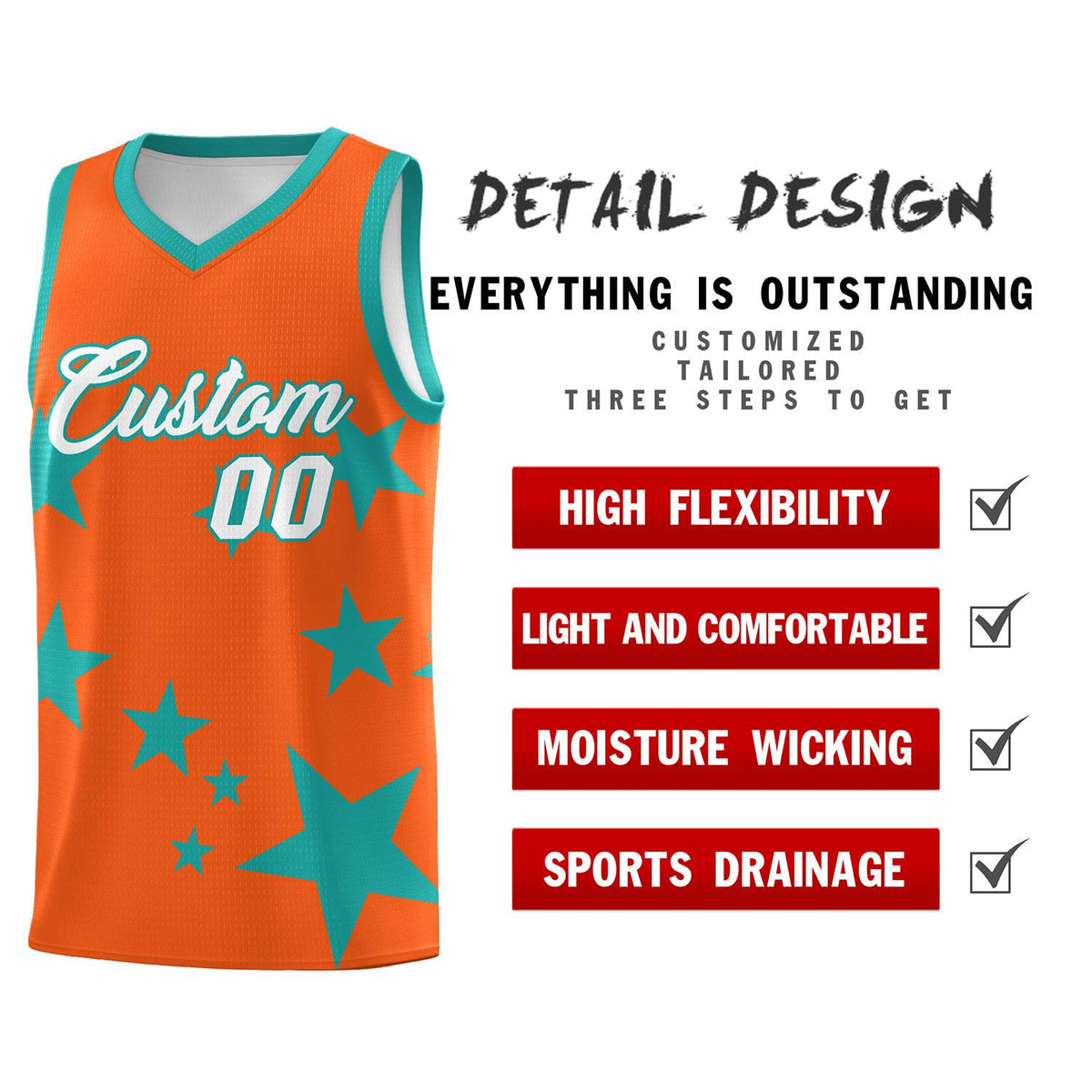 Custom Orange Aqua Graffiti Pattern Star Print Basketball Jersey Sets