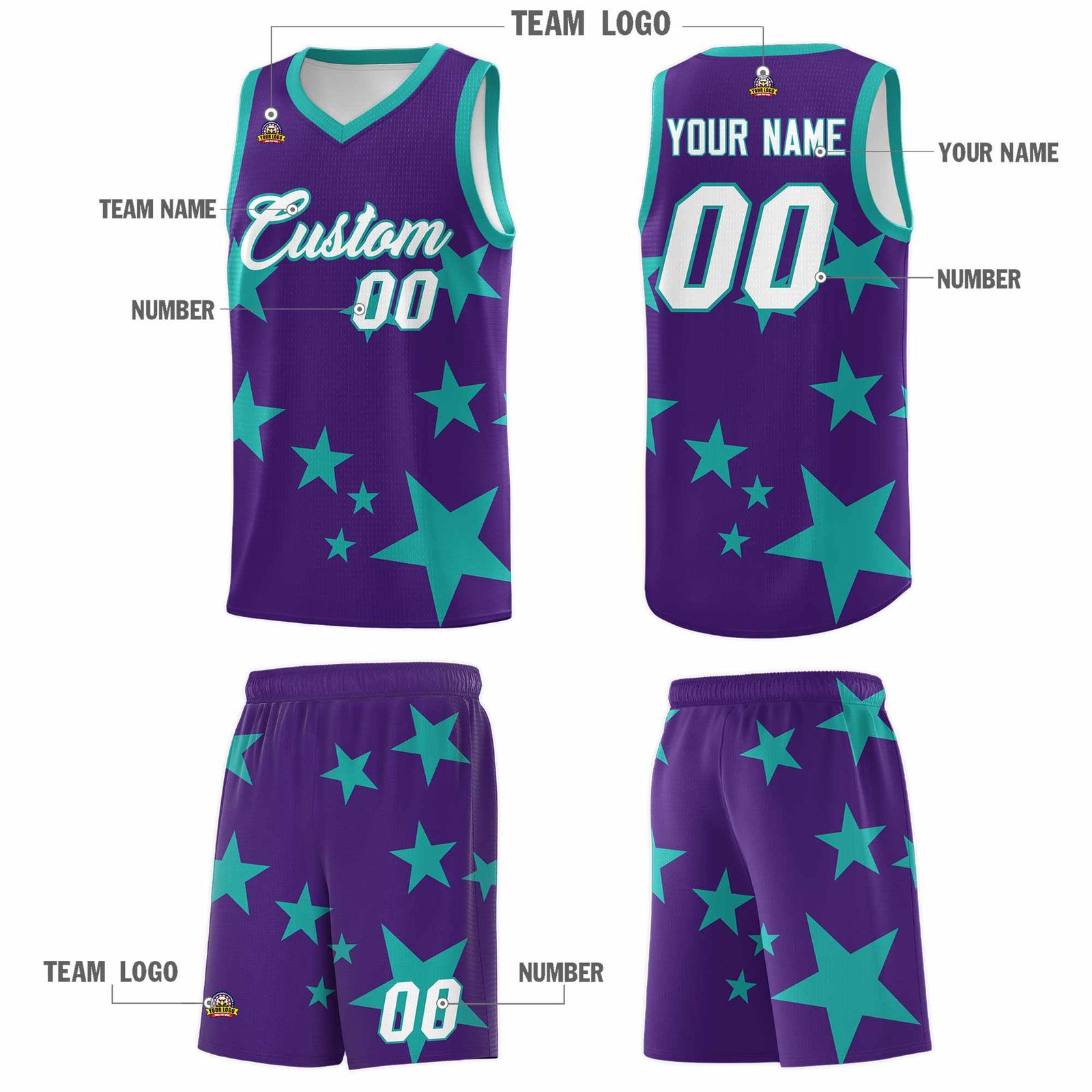Custom Purple Aqua Graffiti Pattern Star Print Basketball Jersey Sets