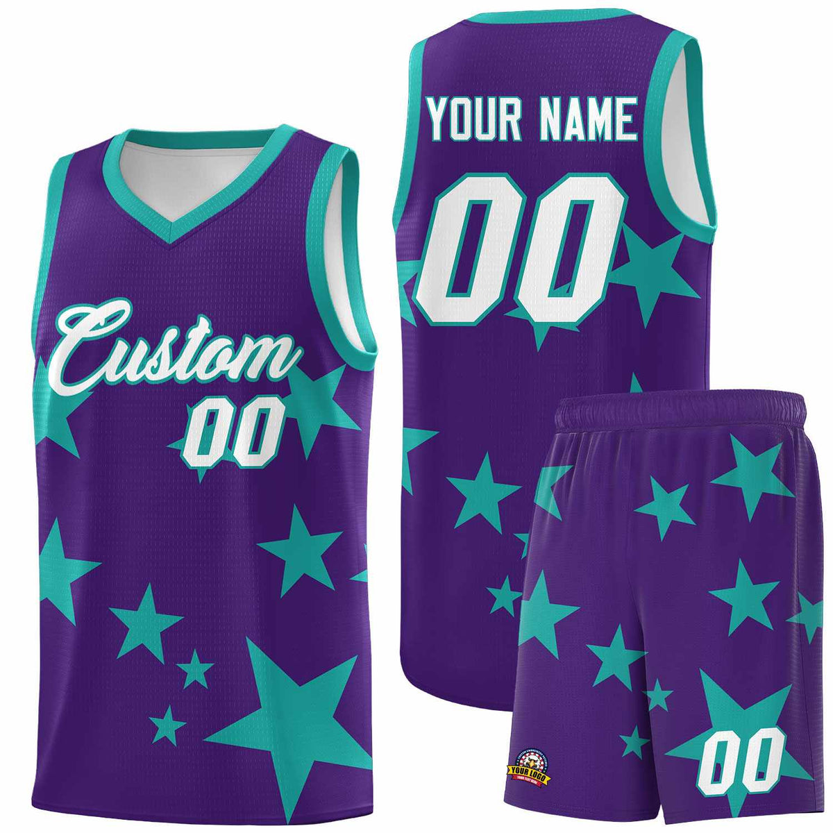 Custom Purple Aqua Graffiti Pattern Star Print Basketball Jersey Sets