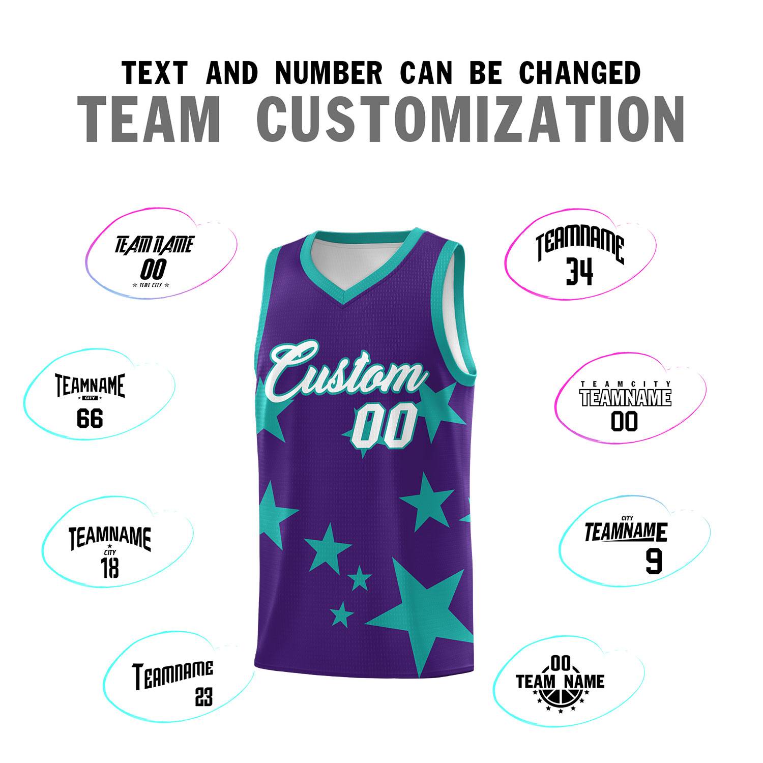 Custom Purple Aqua Graffiti Pattern Star Print Basketball Jersey Sets