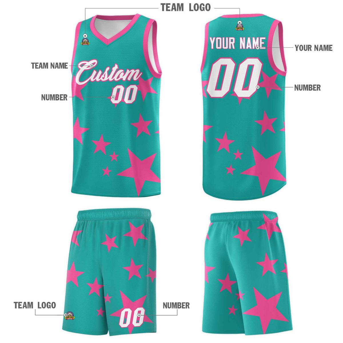 Custom Aqua Pink Graffiti Pattern Star Print Basketball Jersey Sets