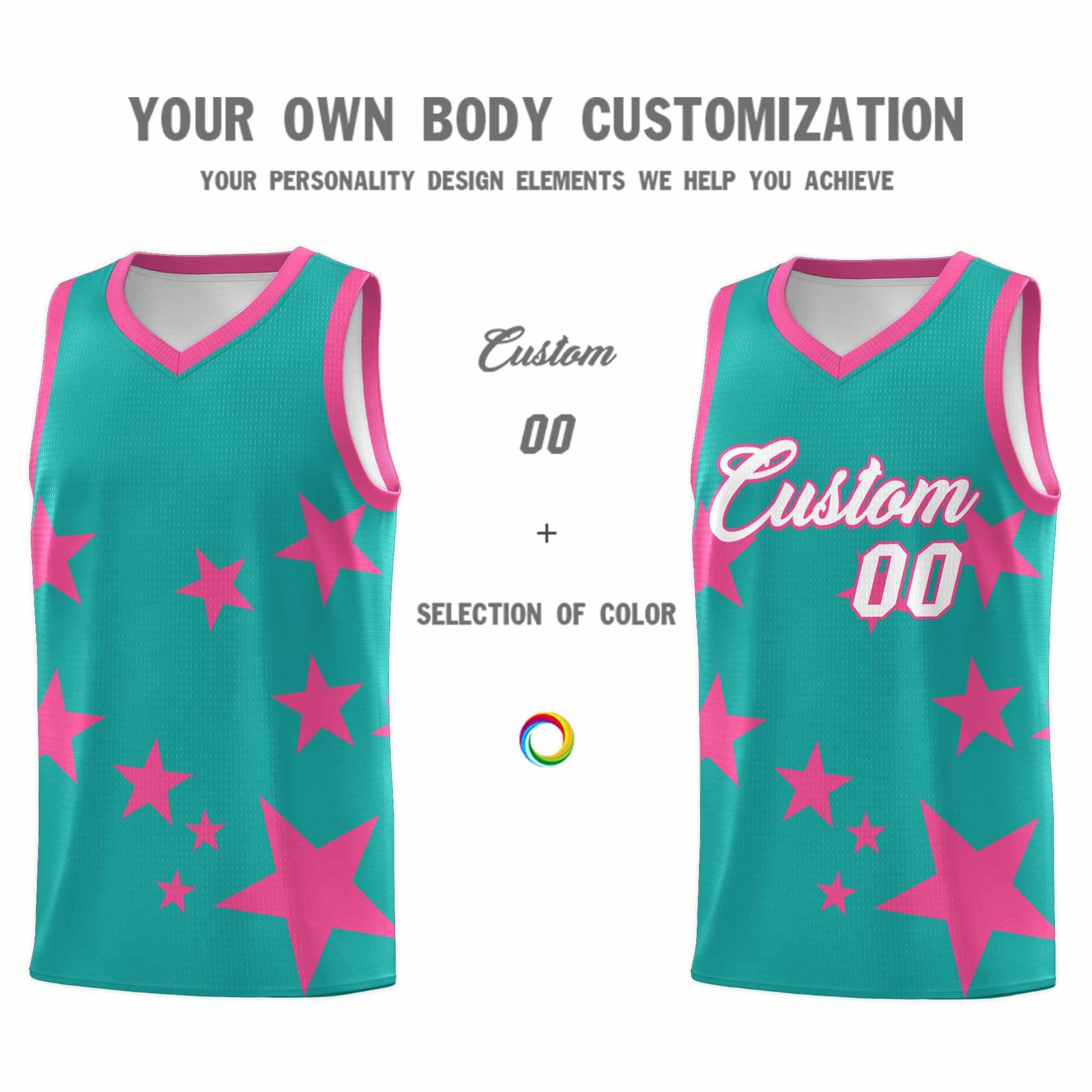 Custom Aqua Pink Graffiti Pattern Star Print Basketball Jersey Sets