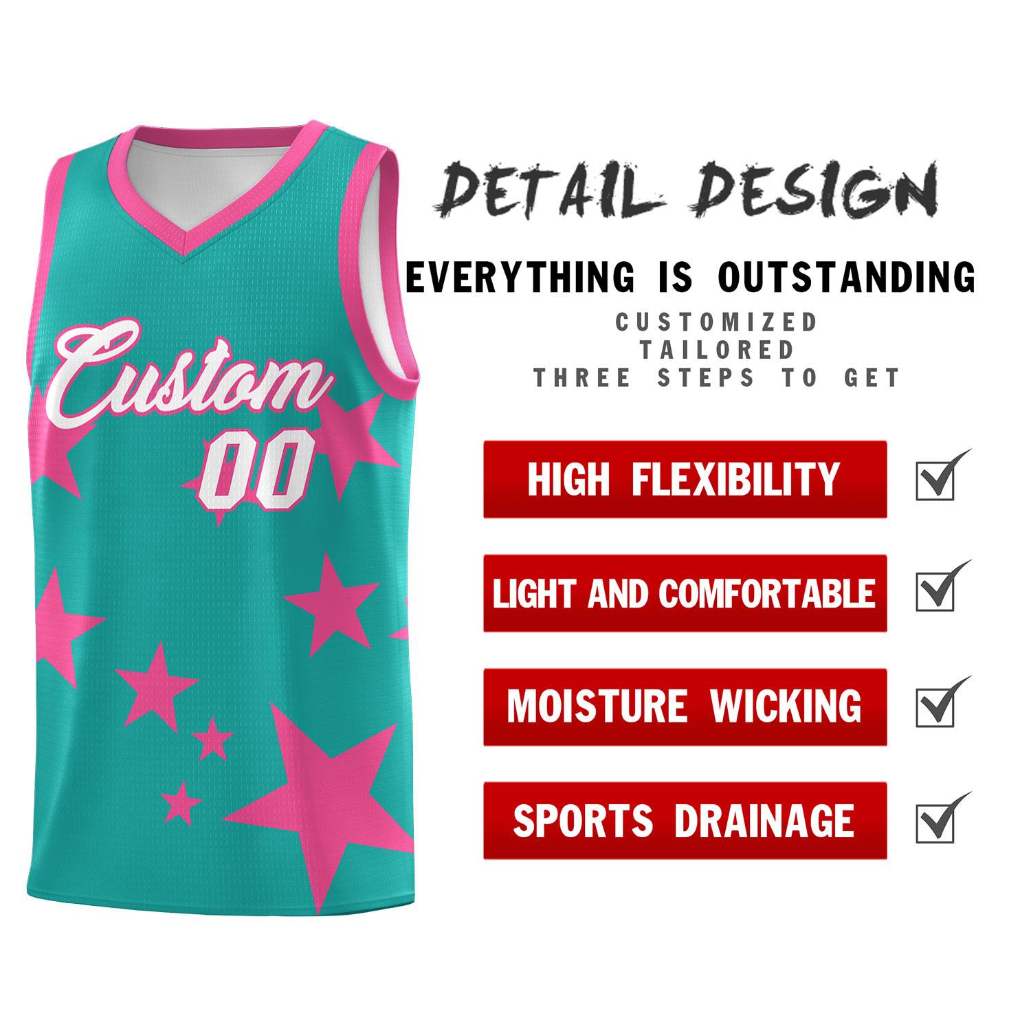 Custom Aqua Pink Graffiti Pattern Star Print Basketball Jersey Sets