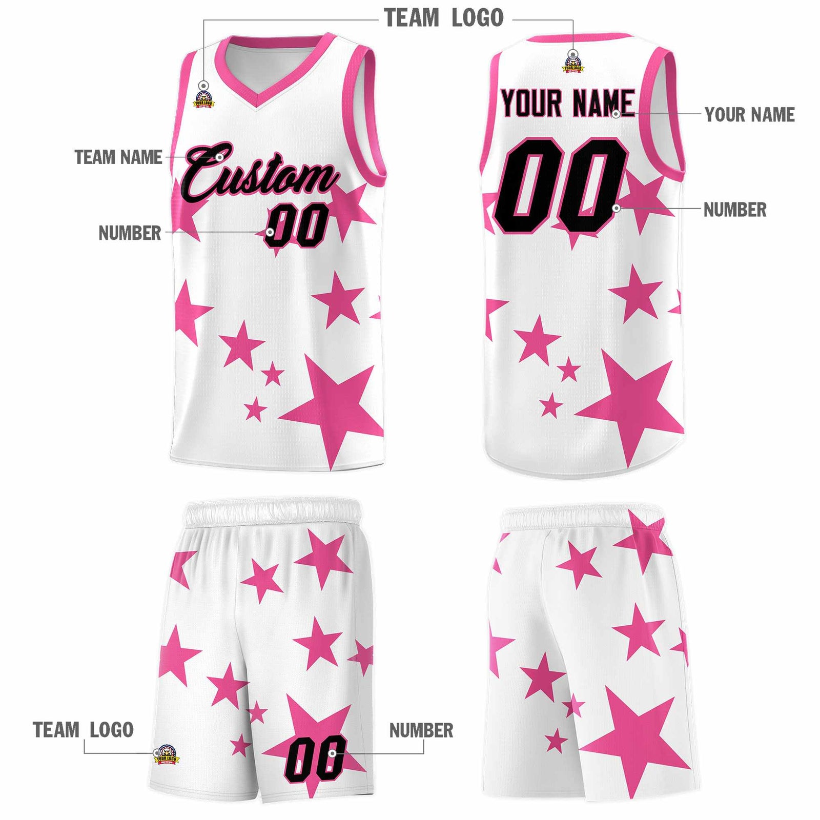 Custom White Pink Graffiti Pattern Star Print Basketball Jersey Sets