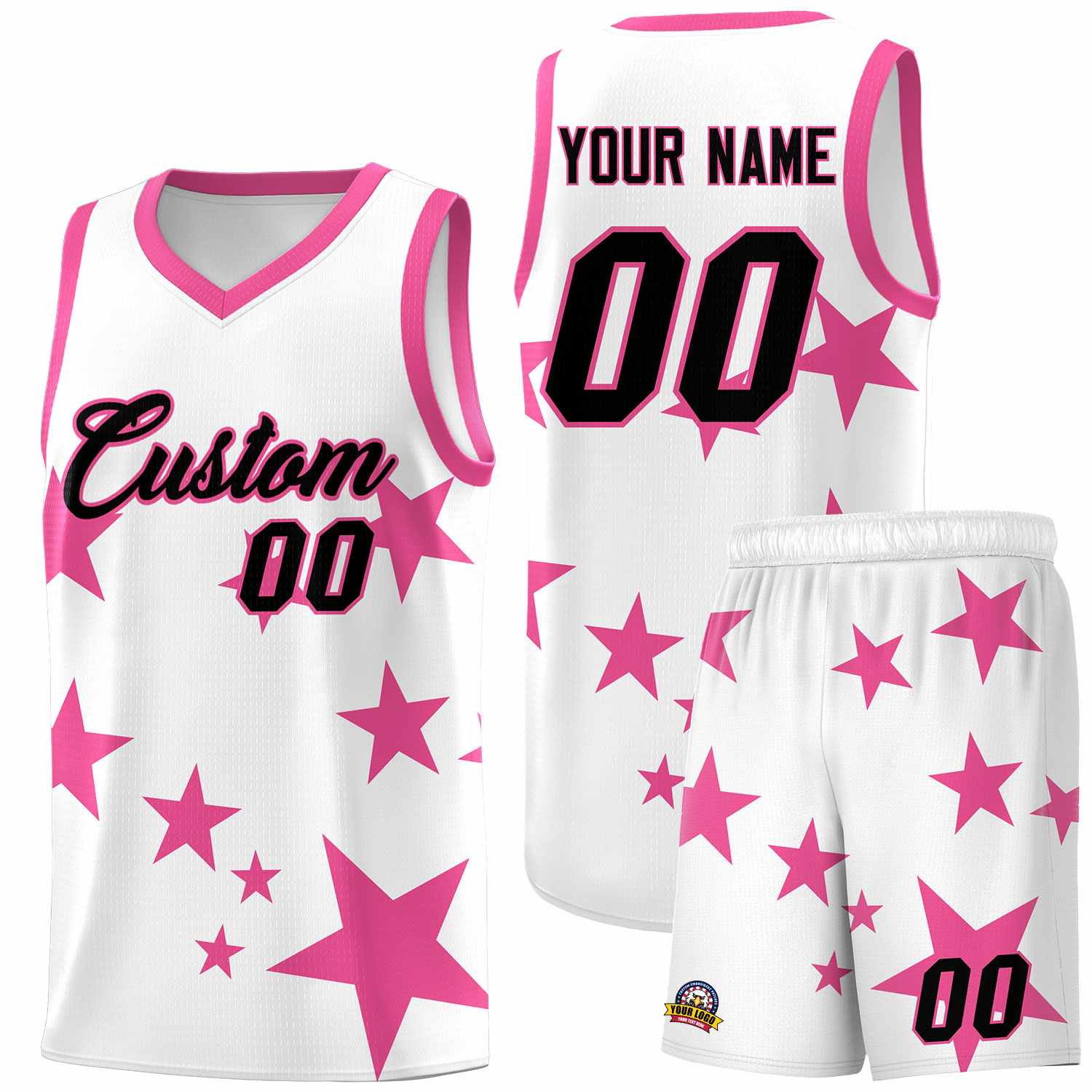 Custom White Pink Graffiti Pattern Star Print Basketball Jersey Sets