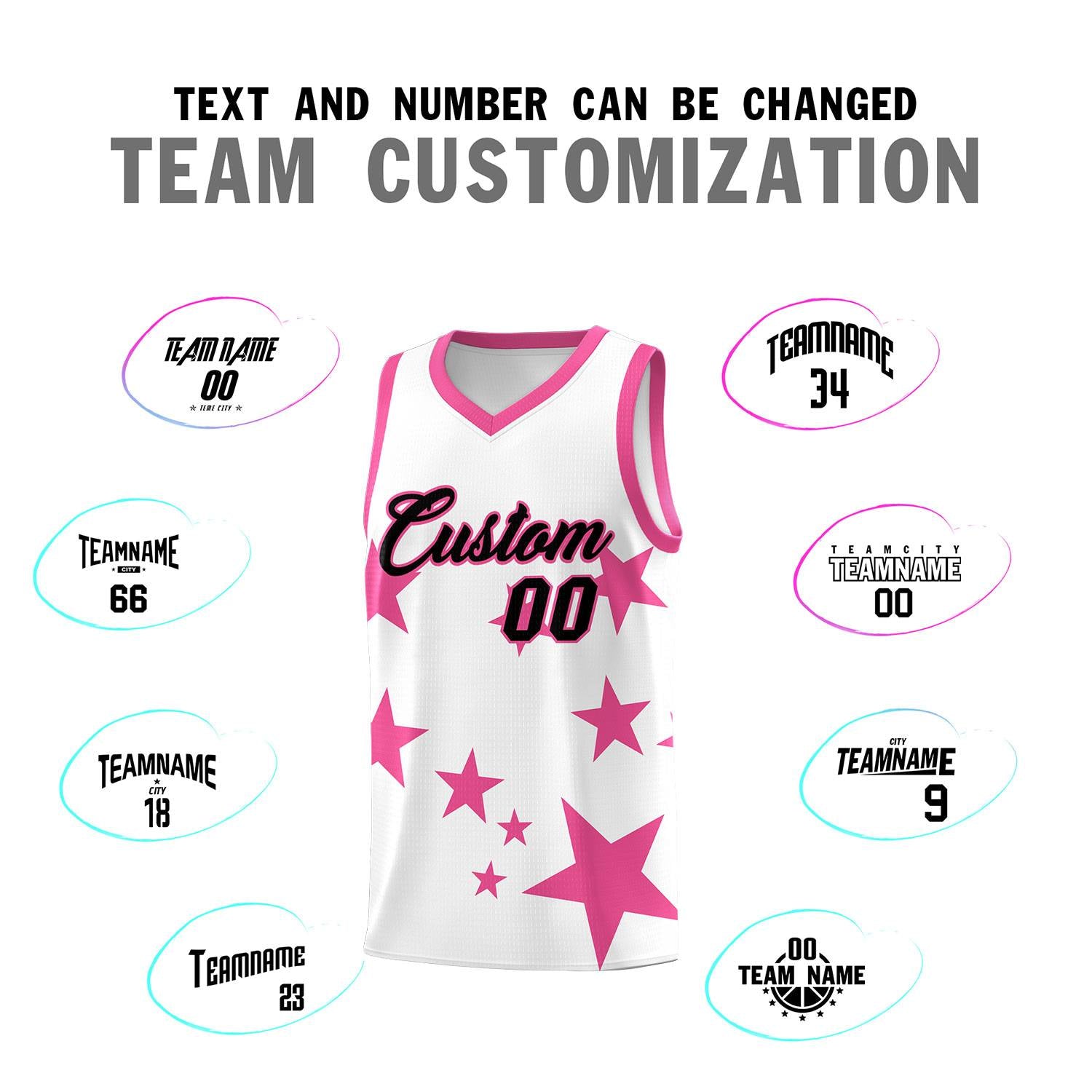 Custom White Pink Graffiti Pattern Star Print Basketball Jersey Sets