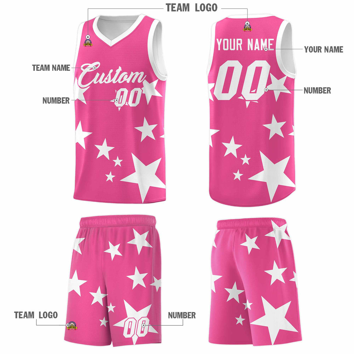 Custom Pink White Graffiti Pattern Star Print Basketball Jersey Sets