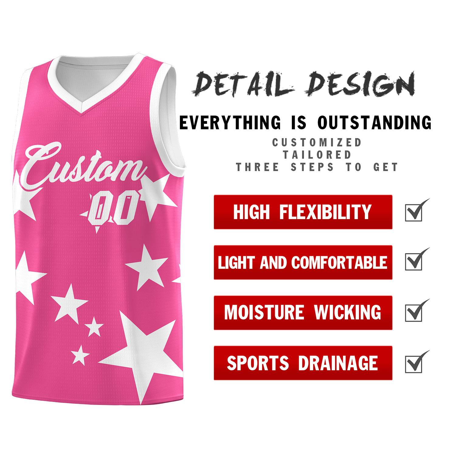 Custom Pink White Graffiti Pattern Star Print Basketball Jersey Sets