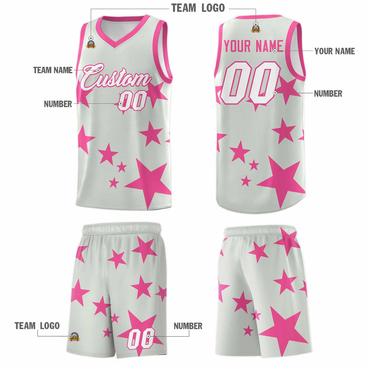 Custom Gray Pink Graffiti Pattern Star Print Basketball Jersey Sets
