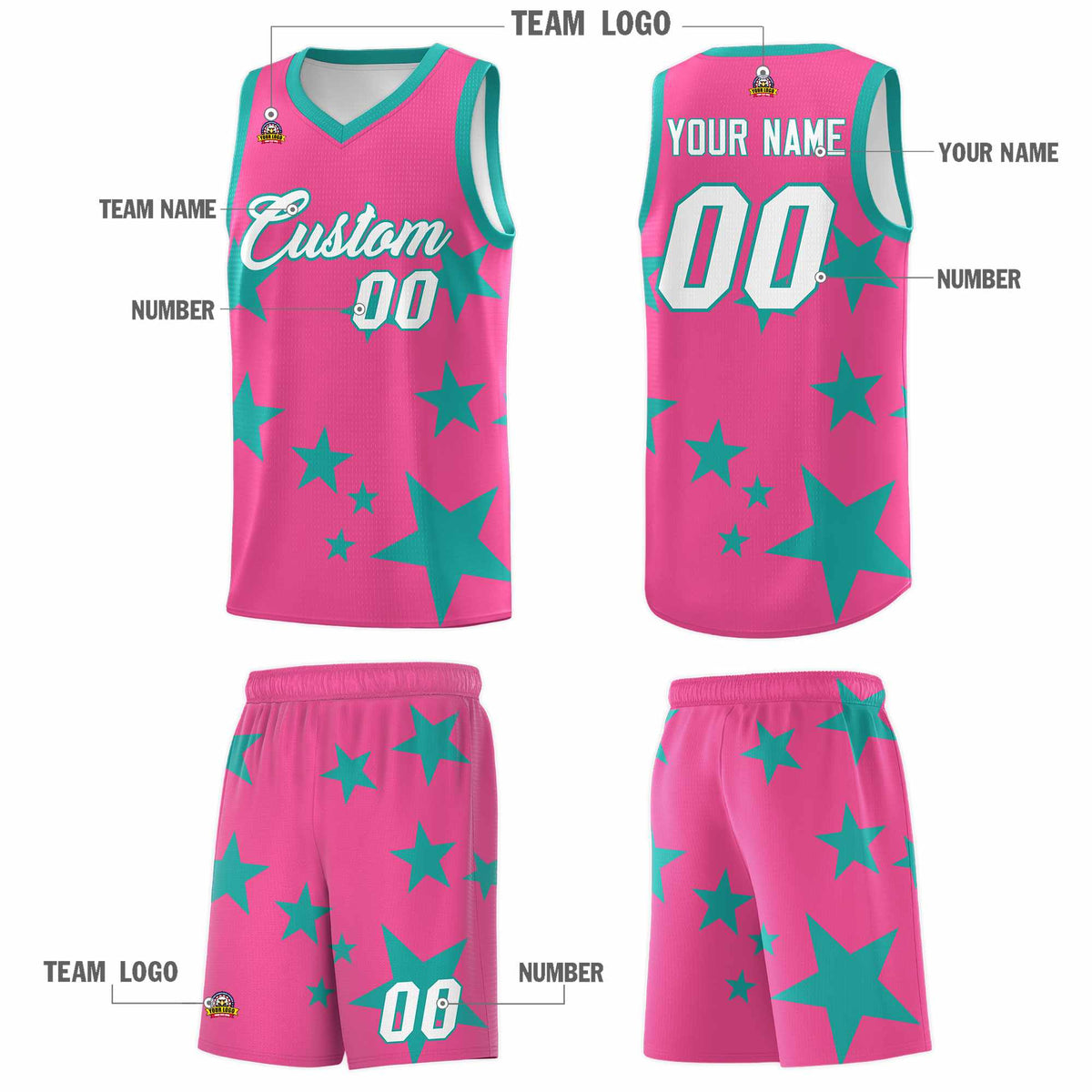 Custom Pink Aqua Graffiti Pattern Star Print Basketball Jersey Sets