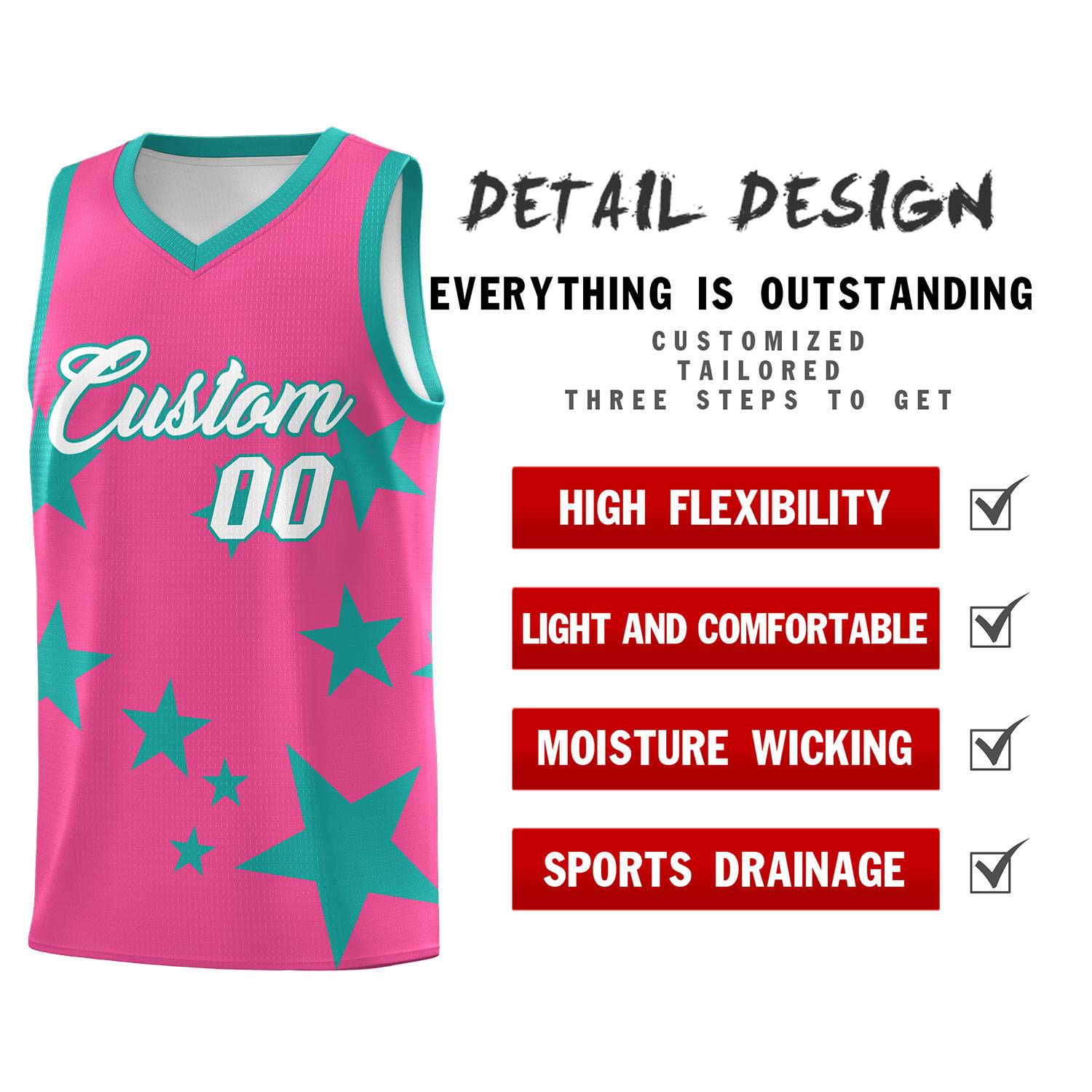 Custom Pink Aqua Graffiti Pattern Star Print Basketball Jersey Sets