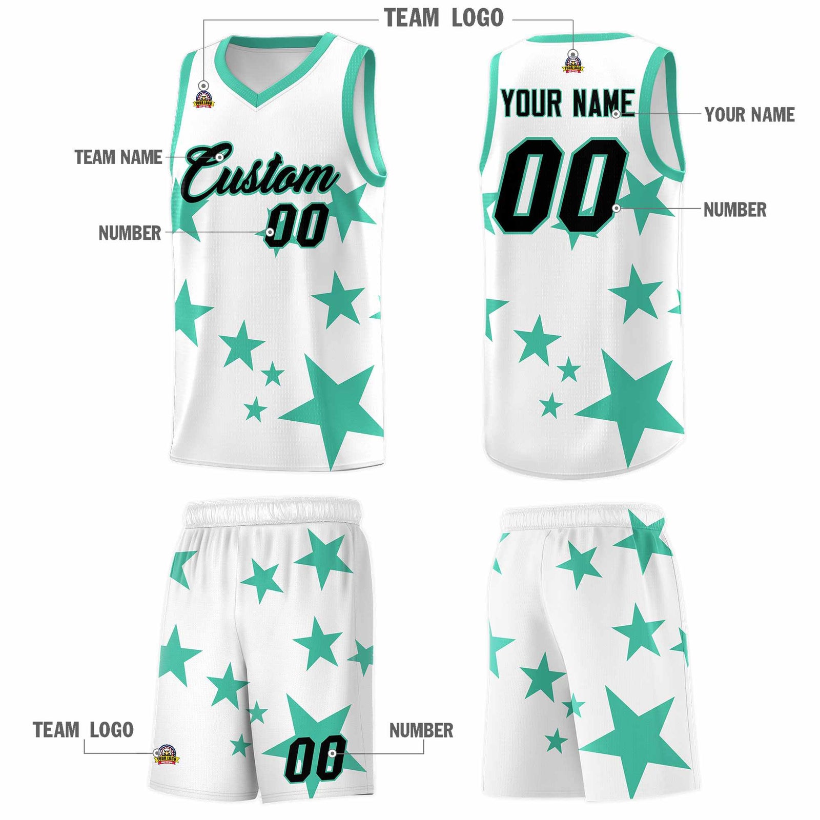 Custom White Bright Green Graffiti Pattern Star Print Basketball Jersey Sets